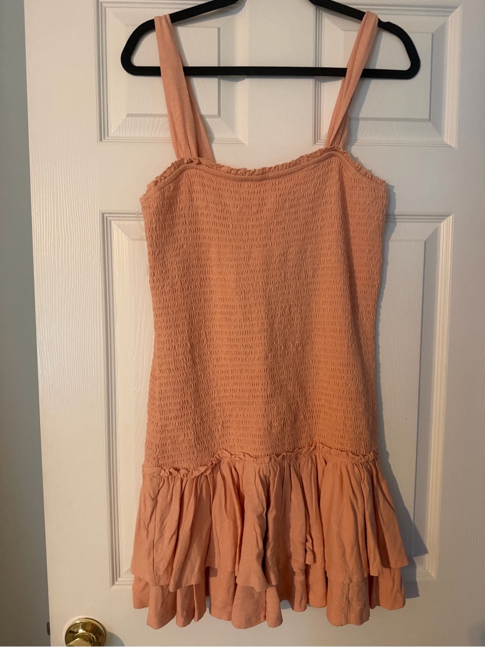 American Eagle Outfitters Peach Smocked Midi Dress with Ruffle Hem